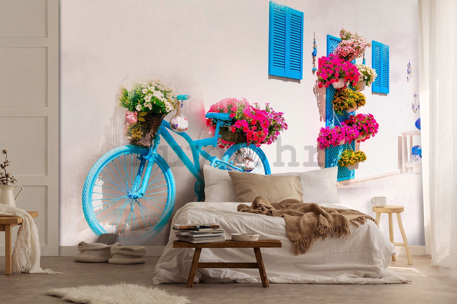 Vlies foto tapeta: Grčki bicikl i cvijeće - 416x254 cm
