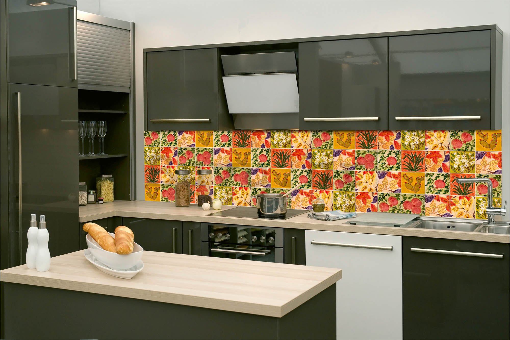 Samoljepljiva periva tapeta za kuhinju - Oslikane pločice, 260x60 cm