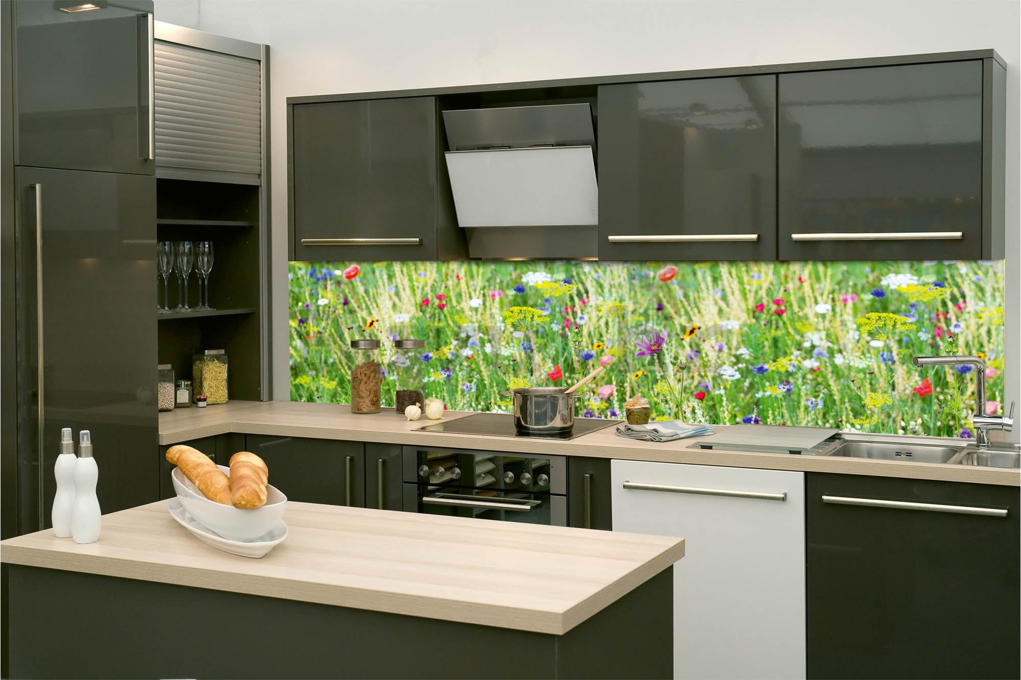 Samoljepljiva periva tapeta za kuhinju - Livada s cvijećem, 260x60 cm