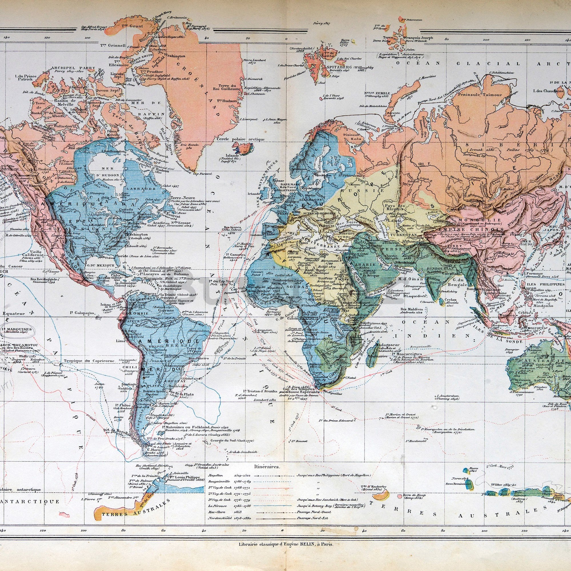 Foto tapeta Vlies: Francuska karta svijeta (Vintage) - 254x184 cm