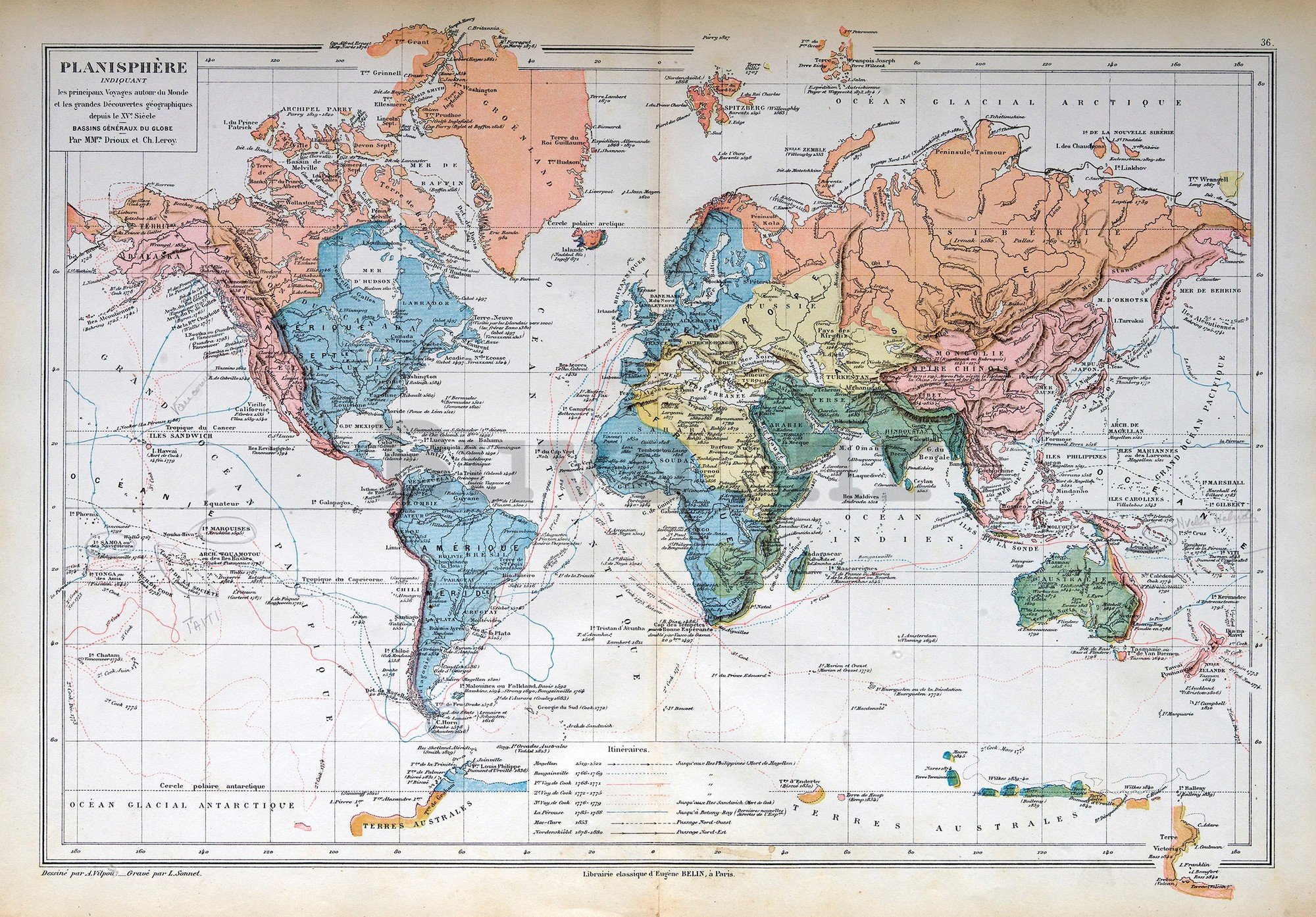 Vlies foto tapeta: Francuska karta svijeta (Vintage) - 152,5x104 cm