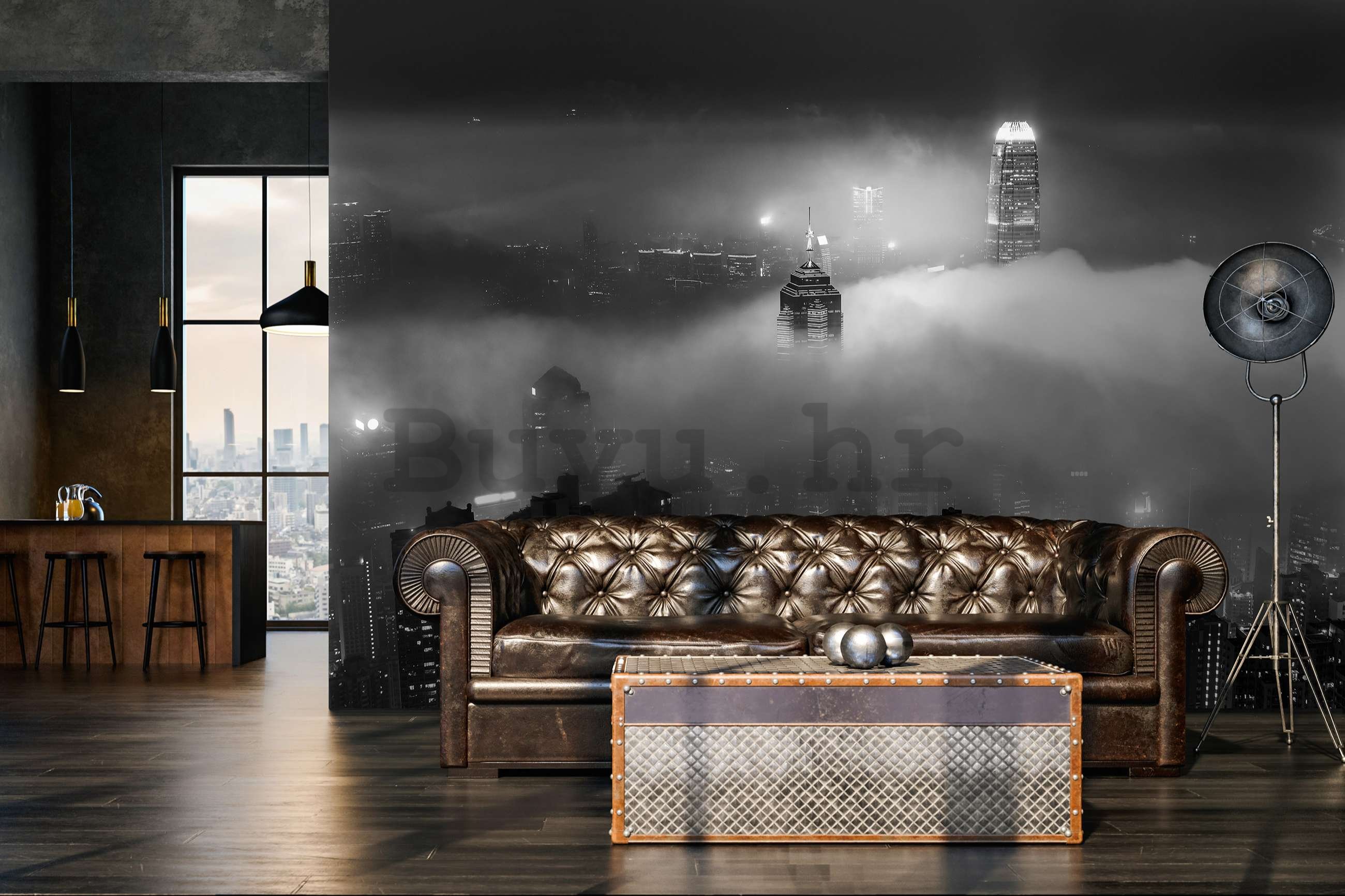 Foto tapeta Vlies: Noćni grad u magli (crno-bijelo) - 254x184 cm