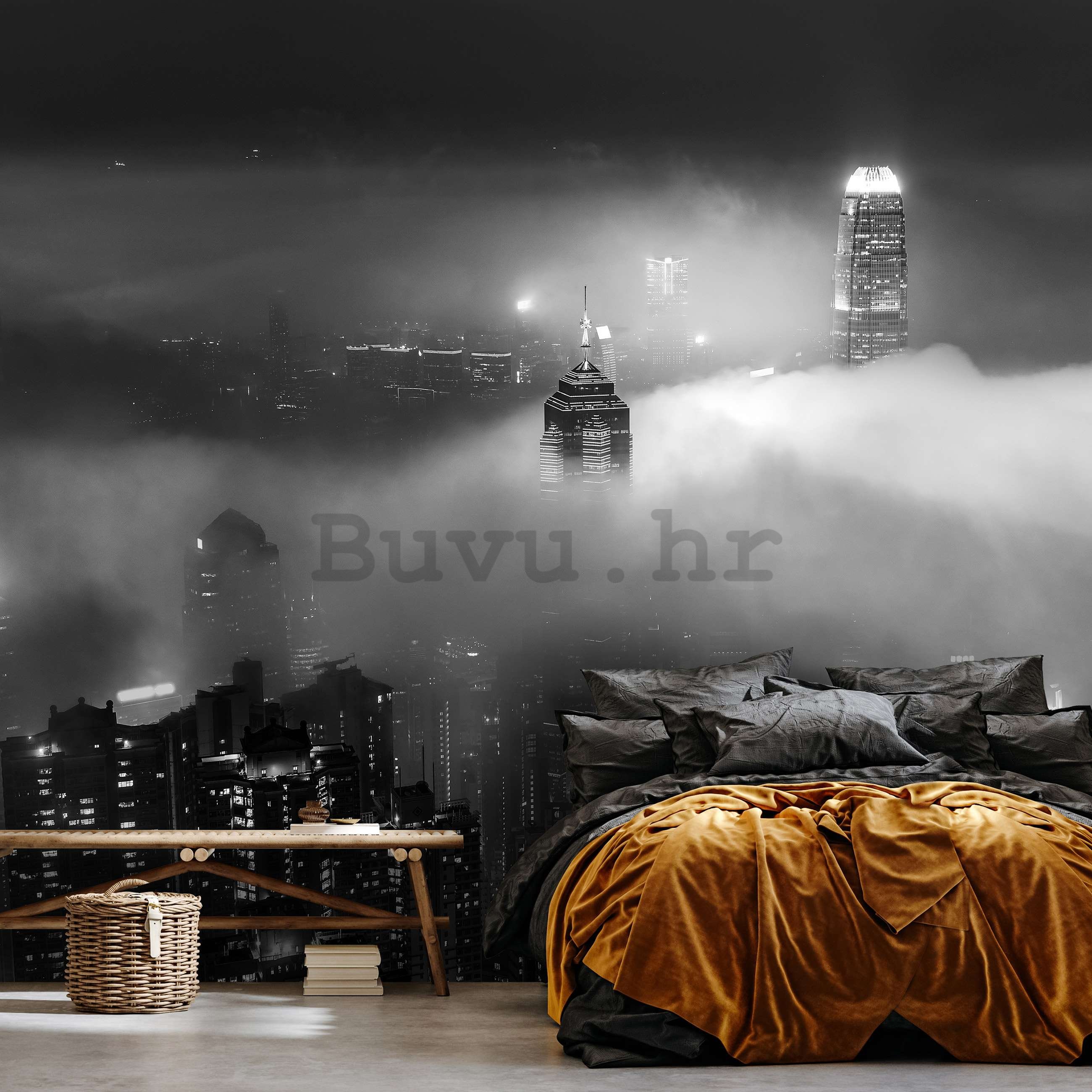 Foto tapeta Vlies: Noćni grad u magli (crno-bijelo) - 254x184 cm
