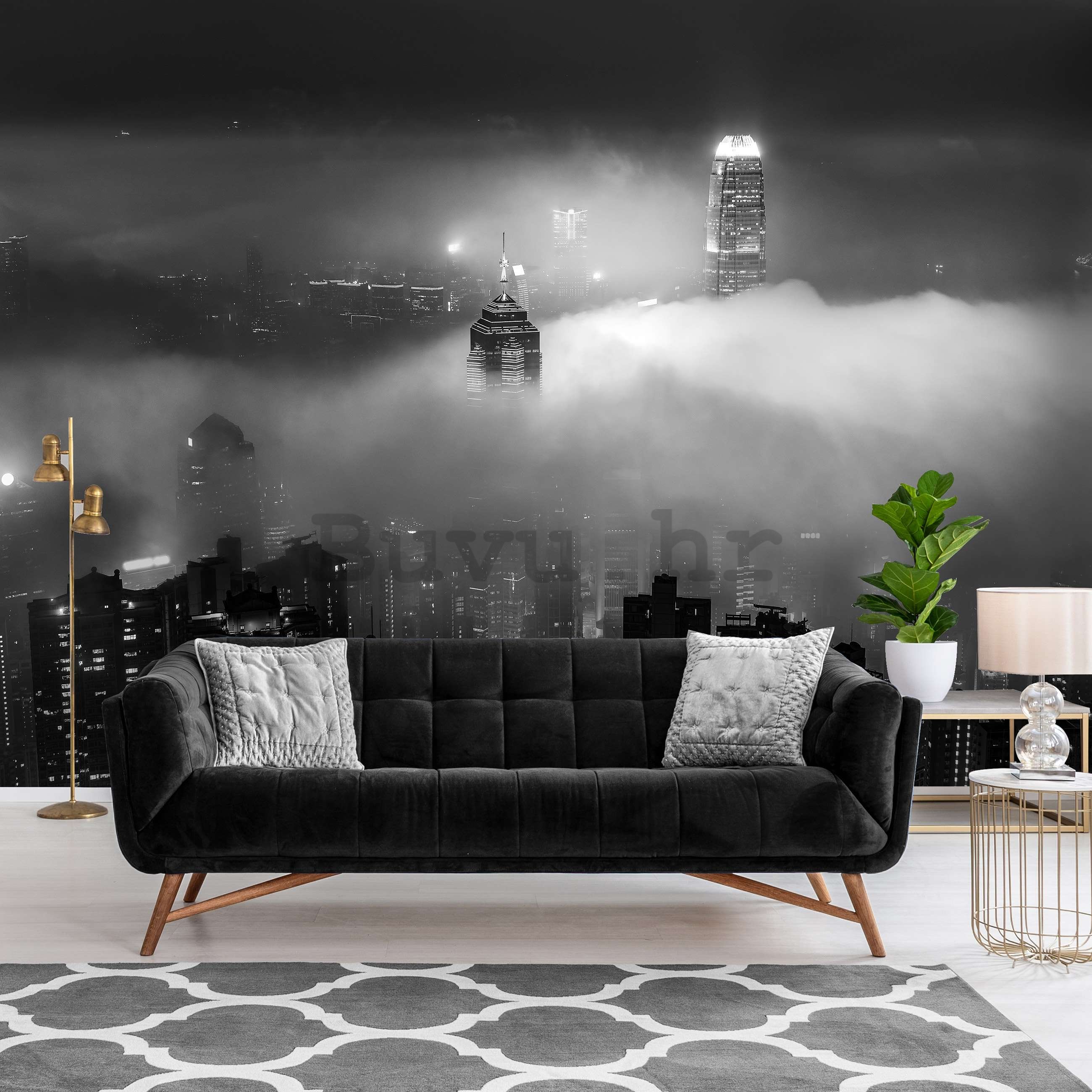Vlies foto tapeta: Noćni grad u magli (crno-bijelo) - 368x254 cm