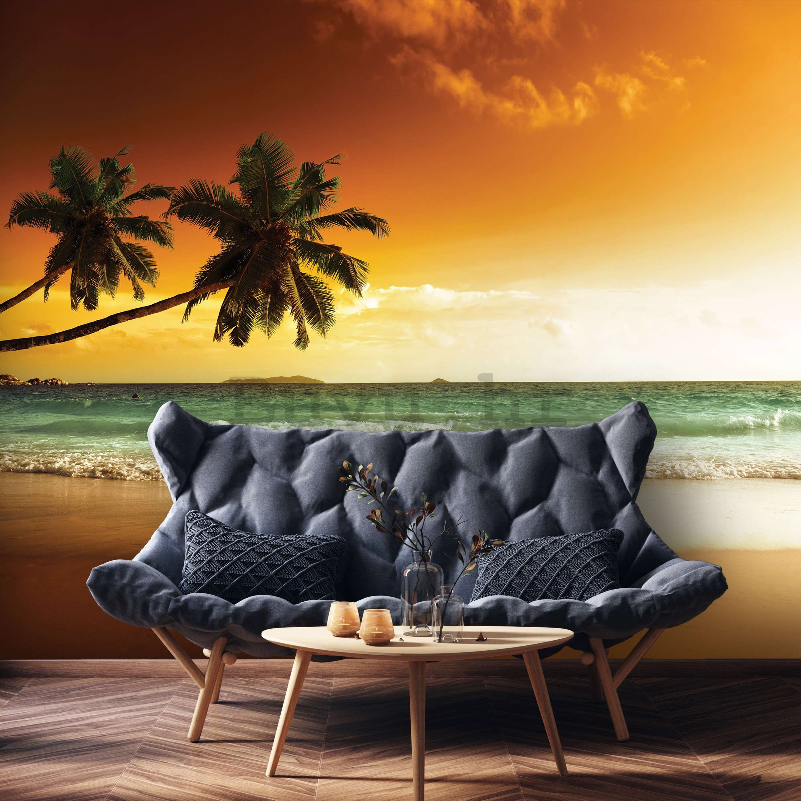 Vlies foto tapeta: Palme i plaža u zalasku sunca - 152,5x104 cm