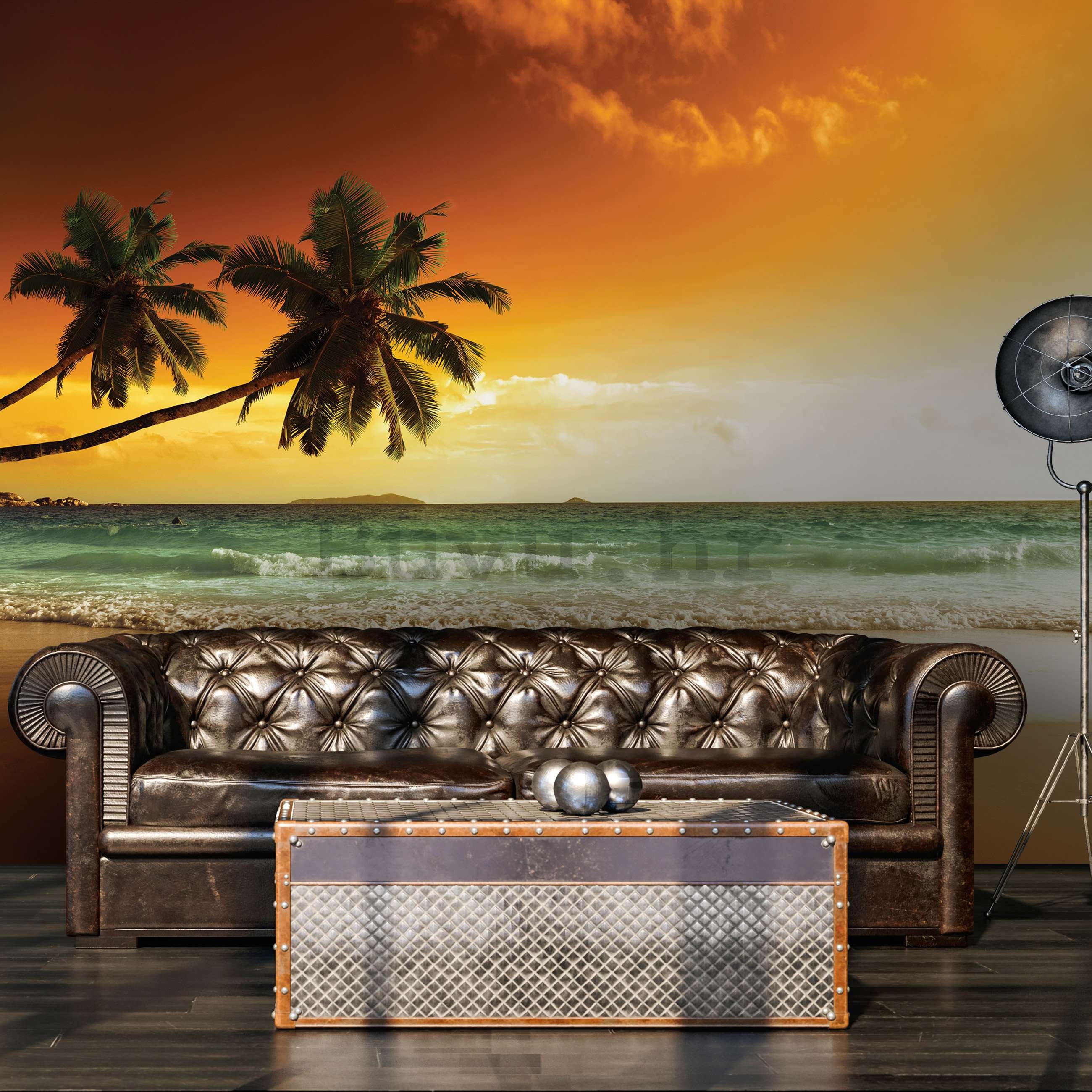 Vlies foto tapeta: Palme i plaža u zalasku sunca - 152,5x104 cm