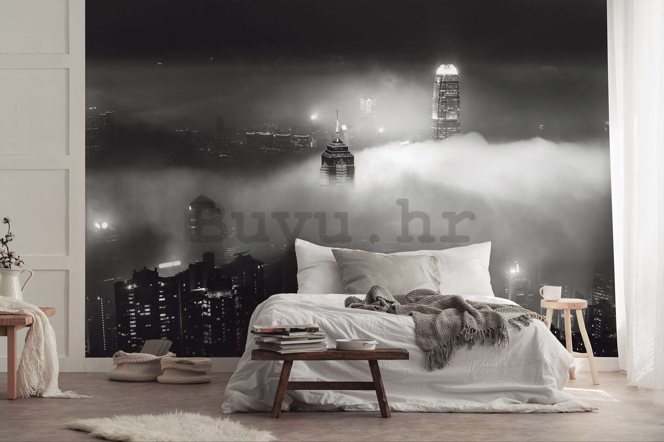 Vlies foto tapeta: Noćni grad u magli (crno-bijelo) - 416x254 cm