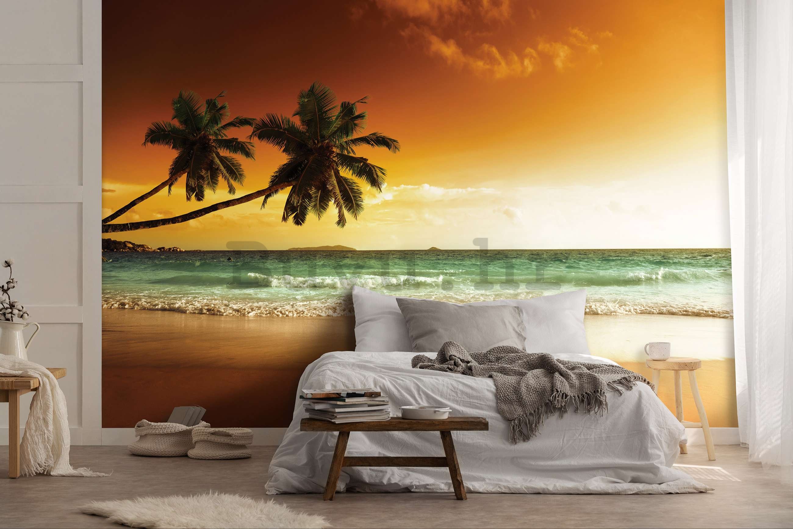 Vlies foto tapeta: Palme i plaža u zalasku sunca - 416x254 cm