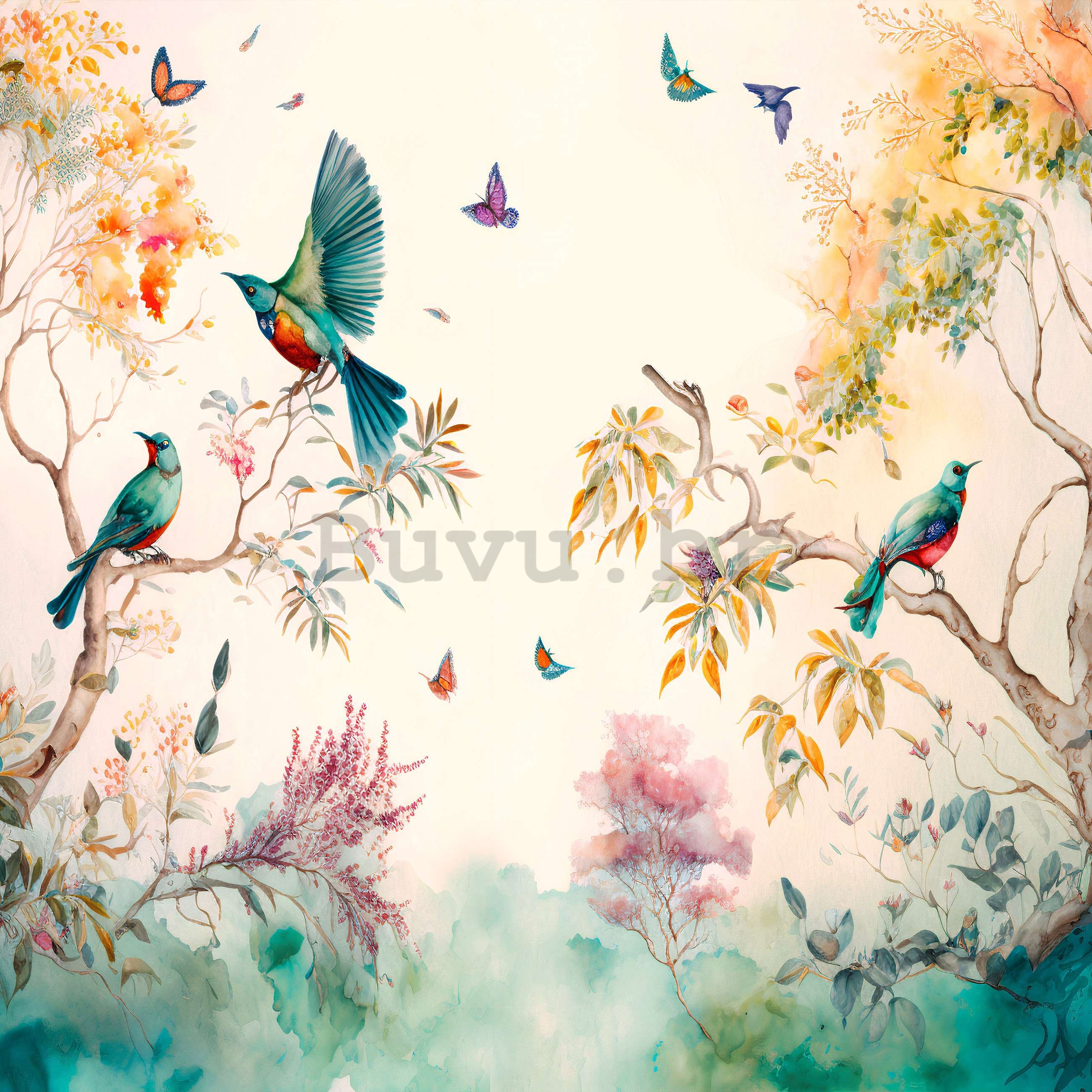 Vlies foto tapeta: Ptice na drveću (naslikano) - 254x184 cm