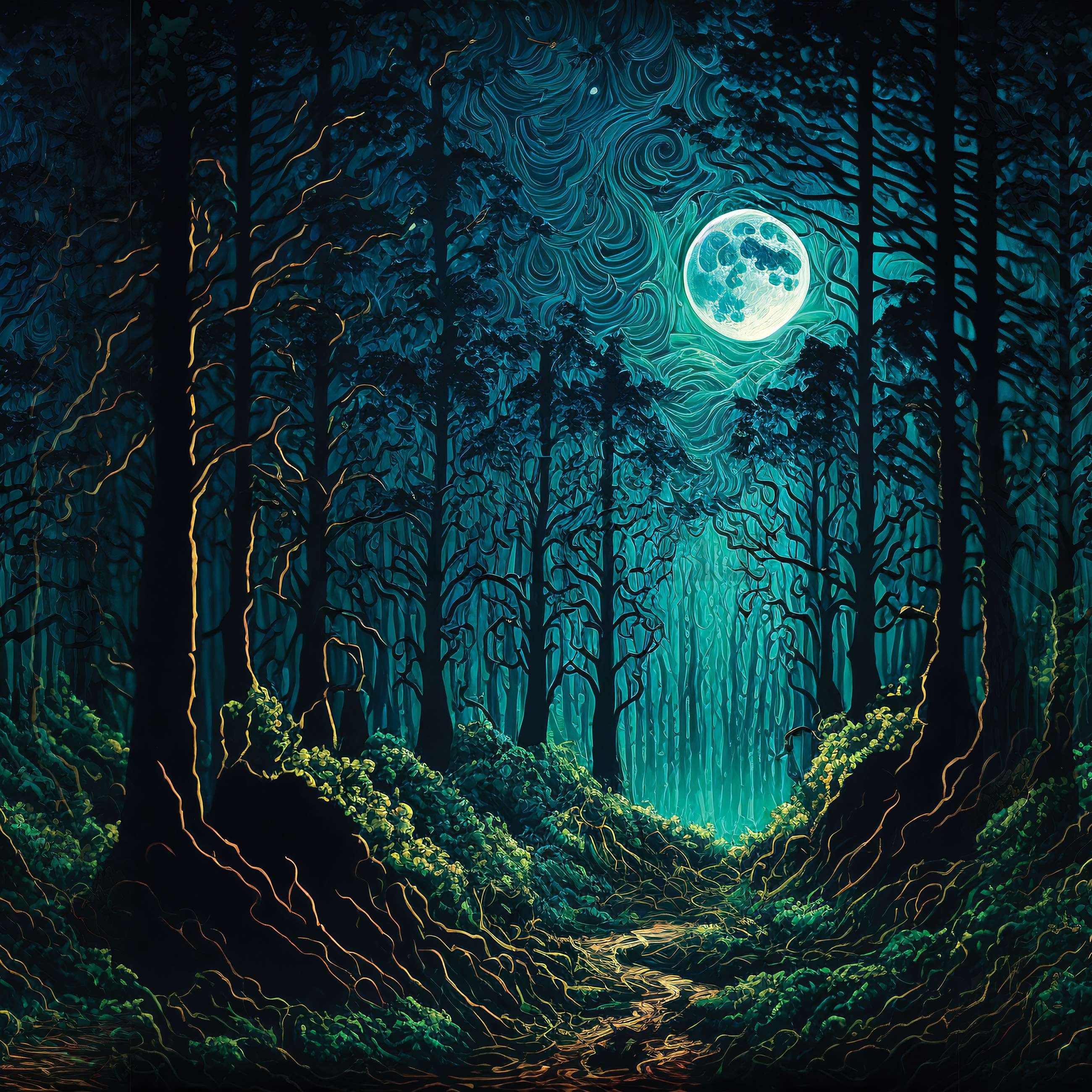 Vlies foto tapeta: Začarana šuma na mjesečini - 254x184 cm