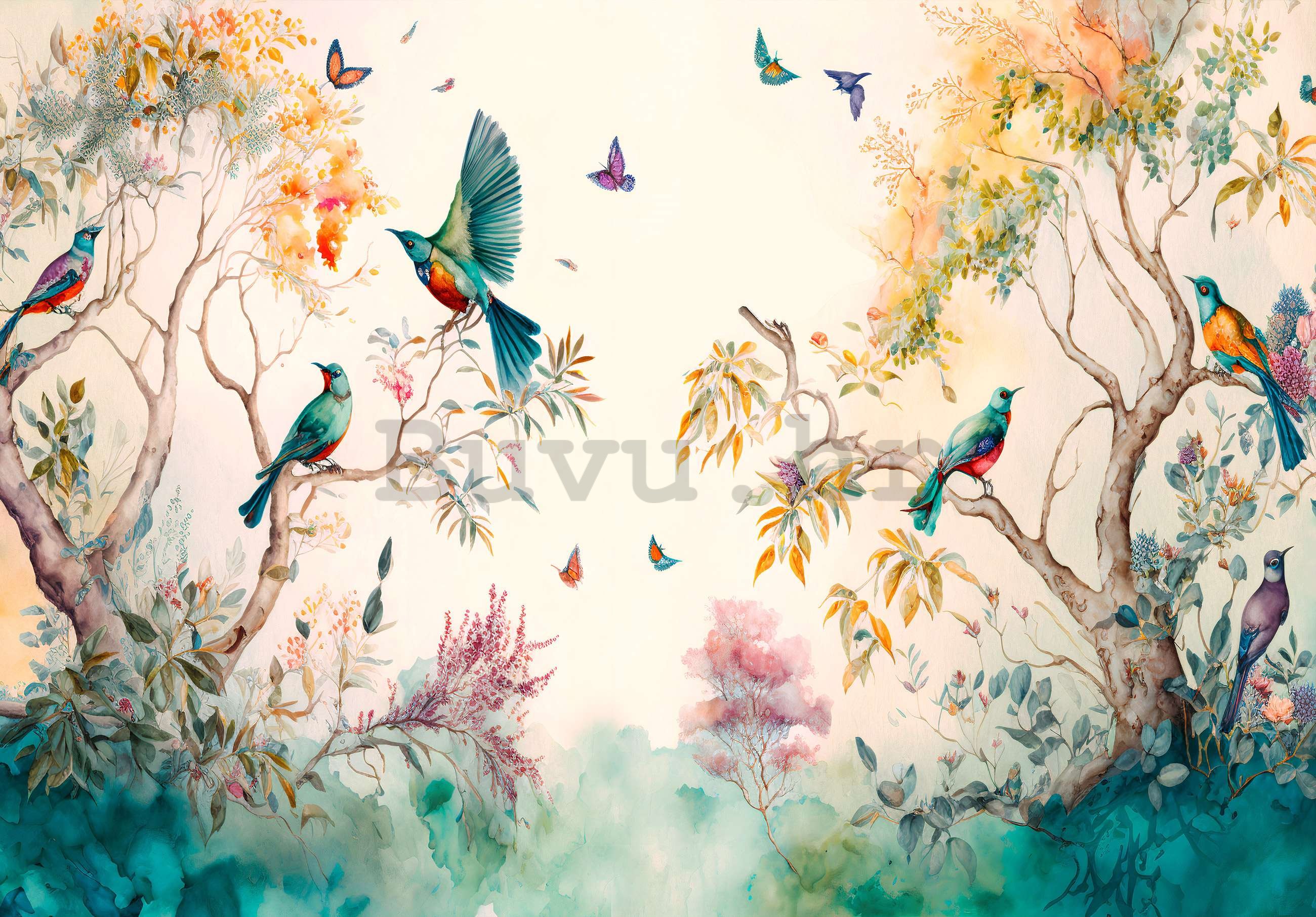 Vlies foto tapeta: Ptice na drveću (naslikano) - 368x254 cm