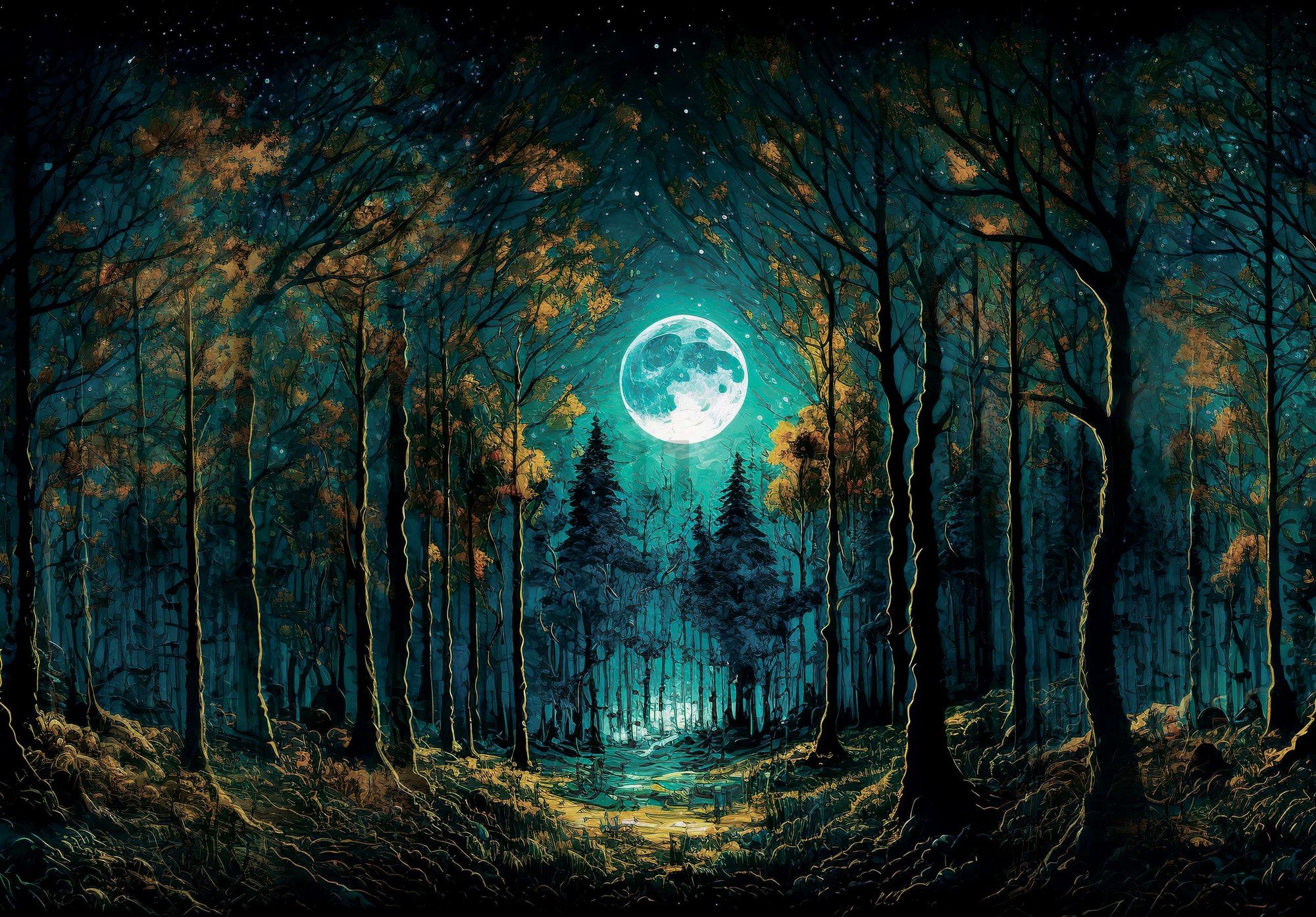 Vlies foto tapeta: Pun mjesec u šumi - 254x184 cm