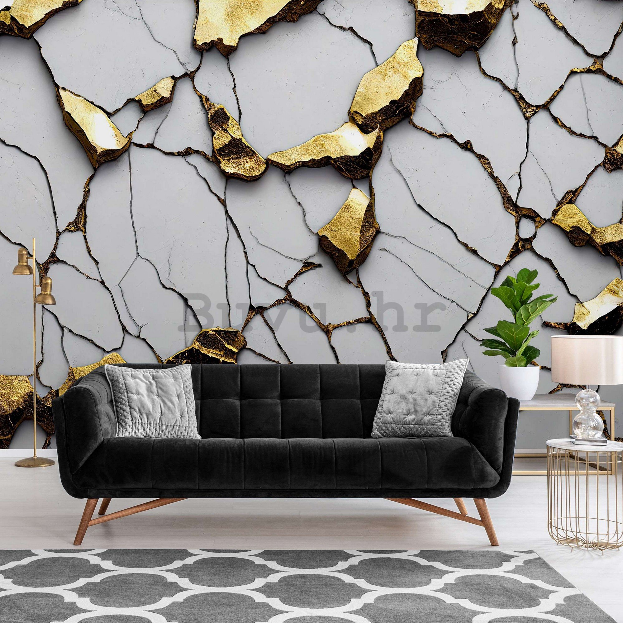 Vlies foto tapeta: Glamurozna imitacija zlatnog mramora s bijelim zidom - 254x184 cm