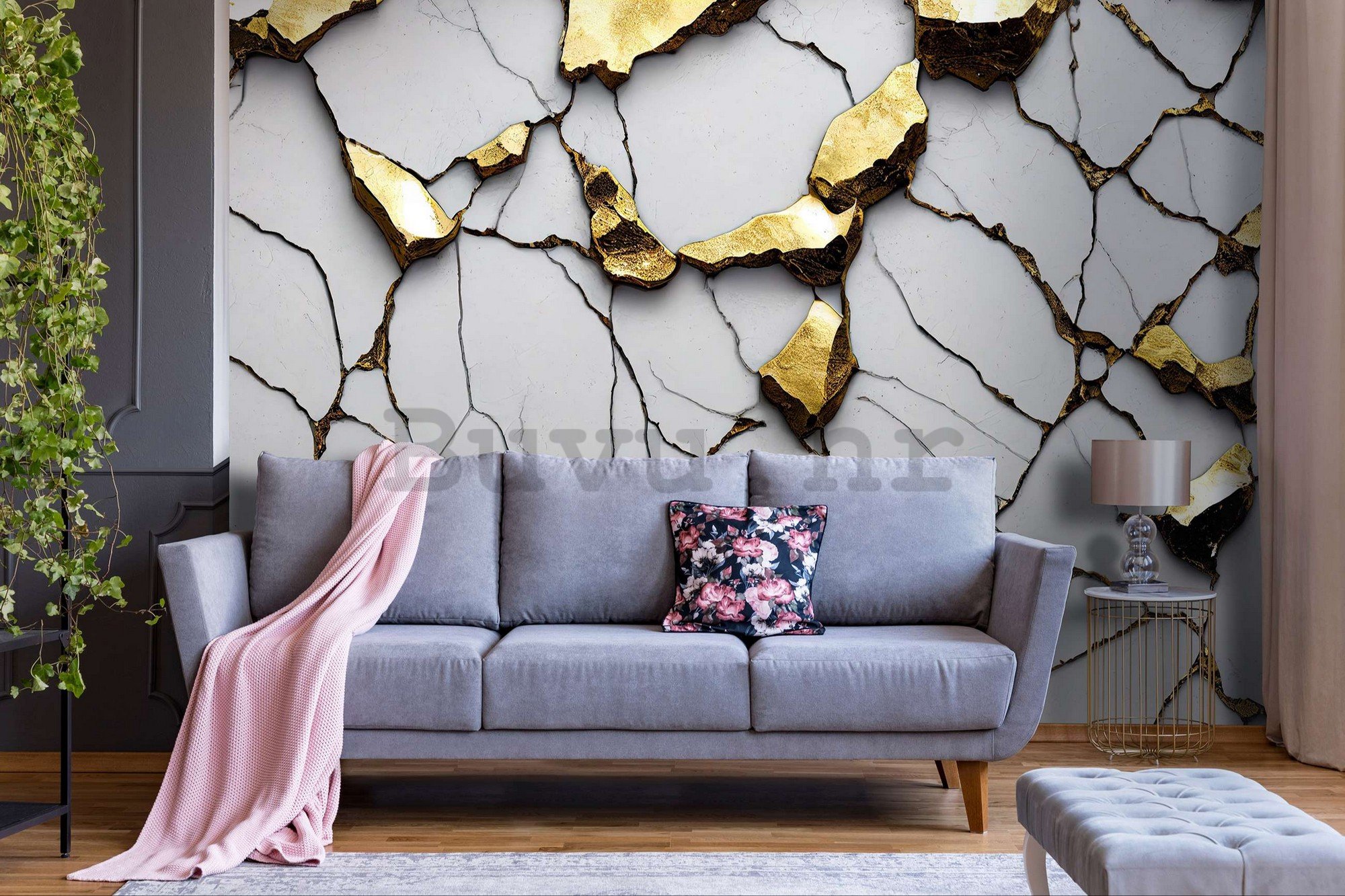 Vlies foto tapeta: Glamurozna imitacija zlatnog mramora s bijelim zidom - 368x254 cm