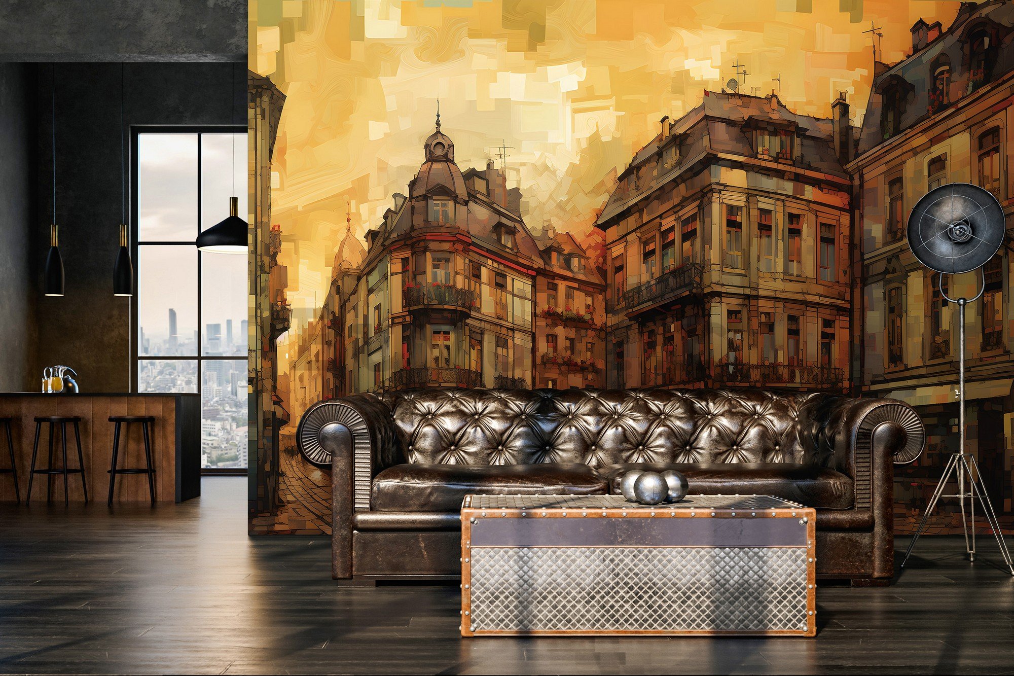 Foto tapeta Vlies: City architecture oil-colours painting - 254x184 cm