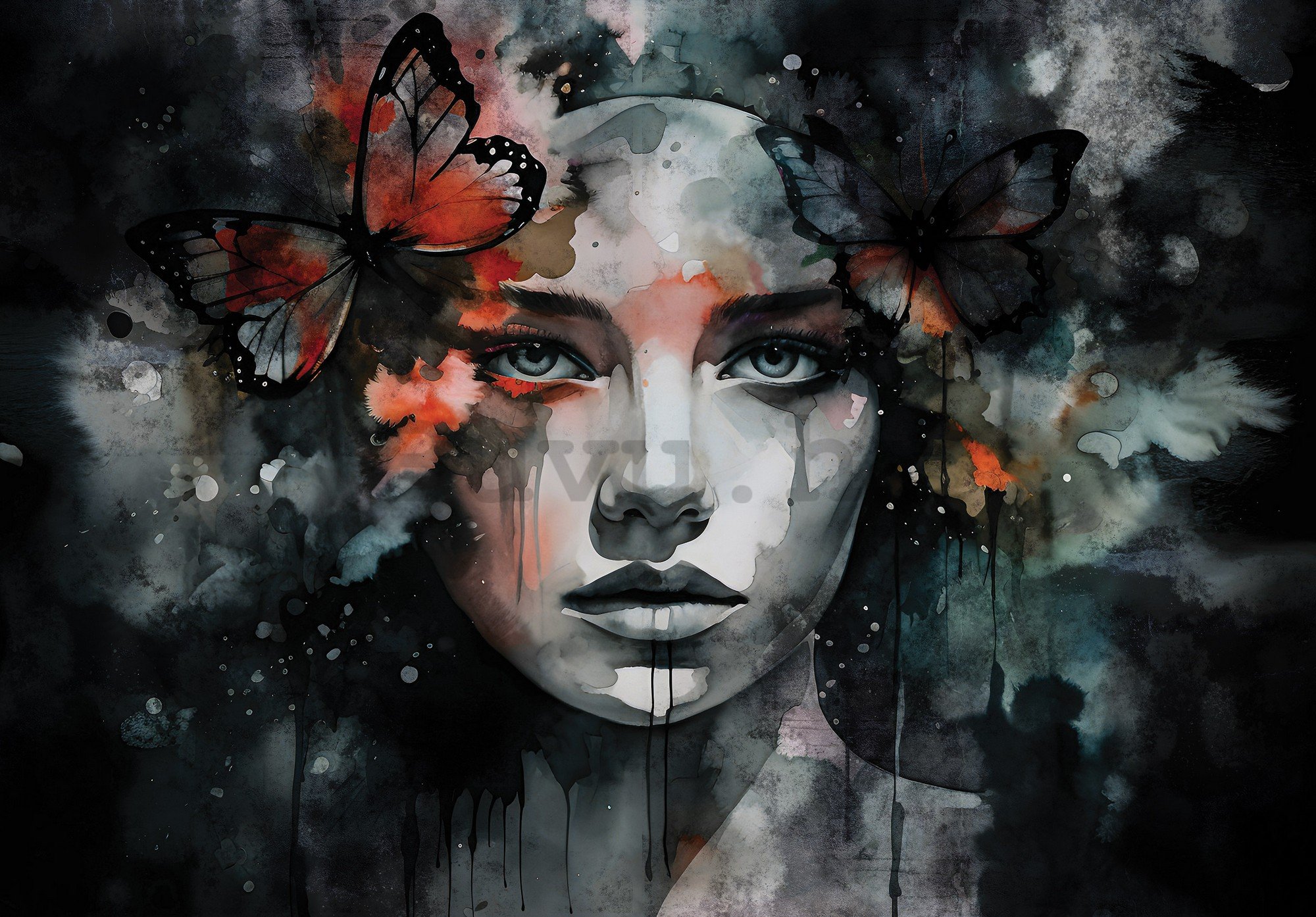 Foto tapeta Vlies: Art watercolour woman butterfly - 254x184 cm