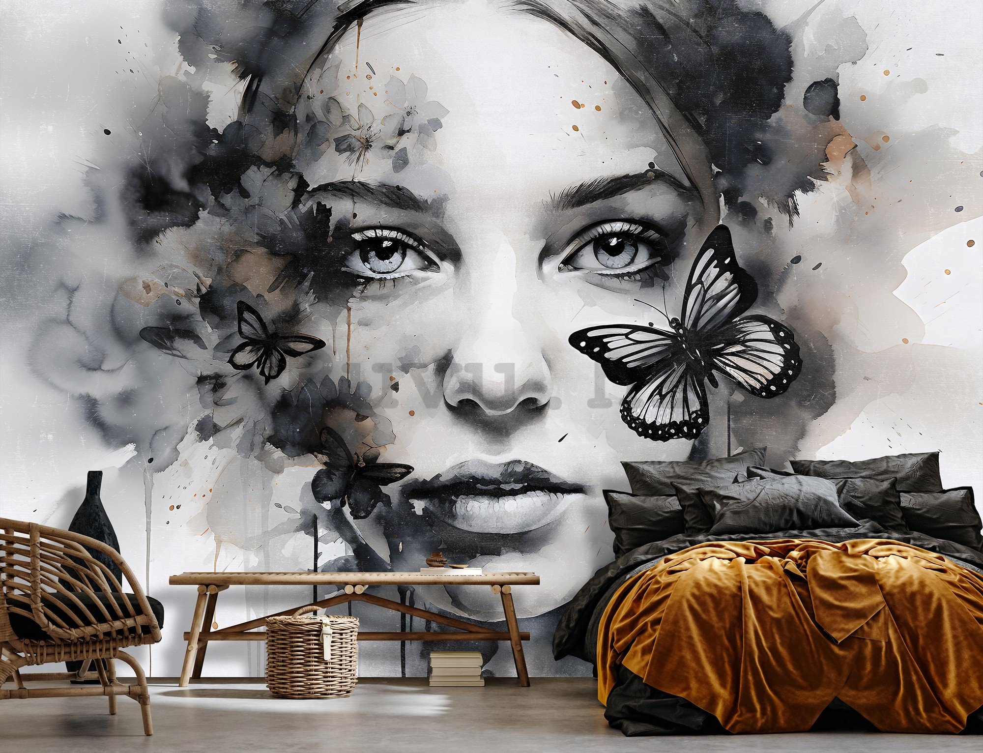 Foto tapeta Vlies: Art watercolour woman butterfly (1) - 254x184 cm