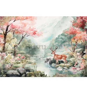 Foto tapeta Vlies: Landscape Painted Forest Deer - 254x184 cm