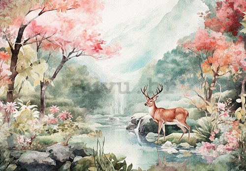 Vlies foto tapeta: Landscape Painted Forest Deer - 368x254 cm