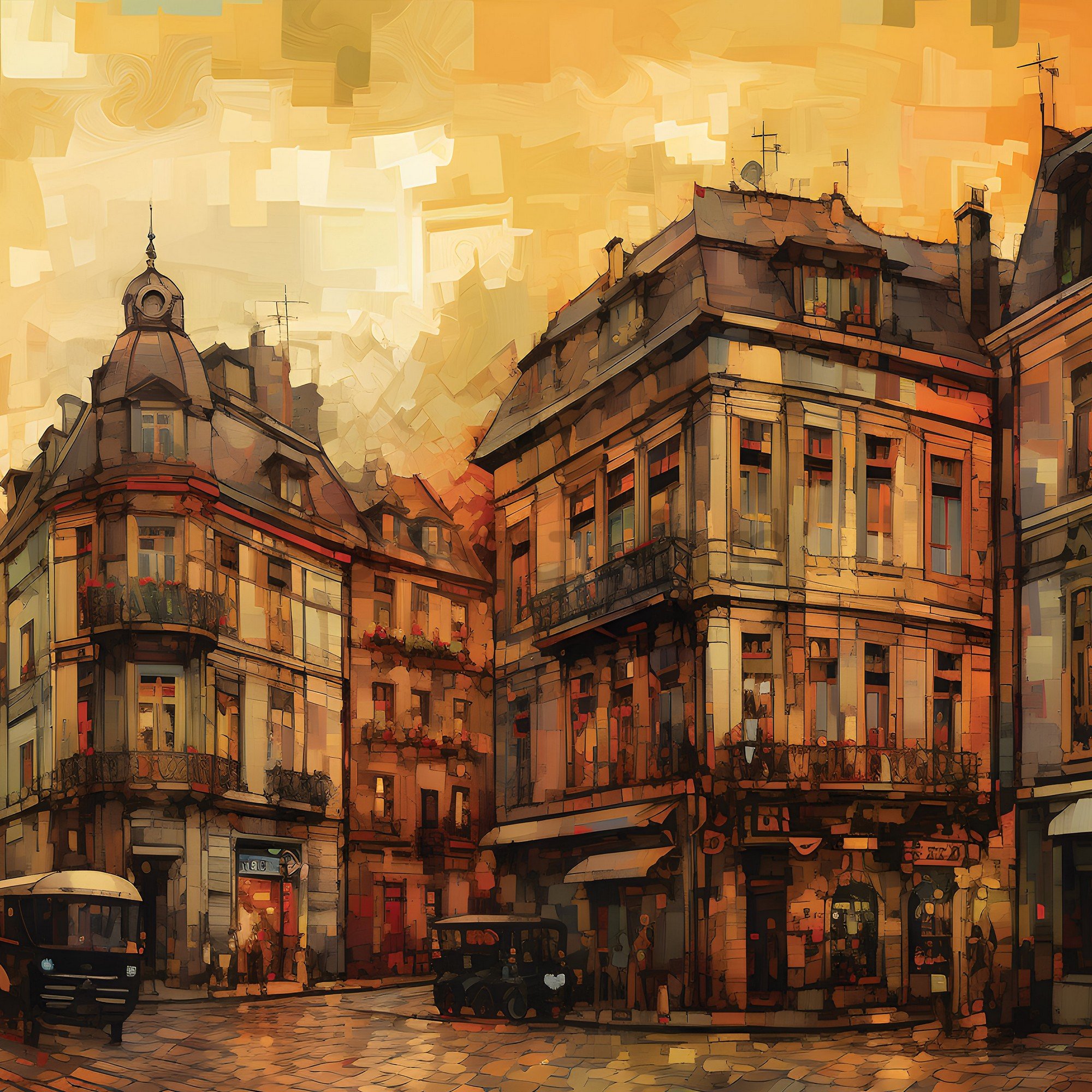 Vlies foto tapeta: City architecture oil-colours painting - 152,5x104 cm