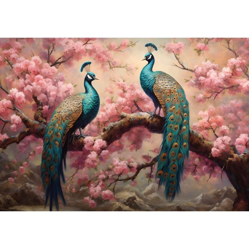 Vlies foto tapeta: Art Abstract Branches Flowers Birds Peacocks (1) - 152,5x104 cm