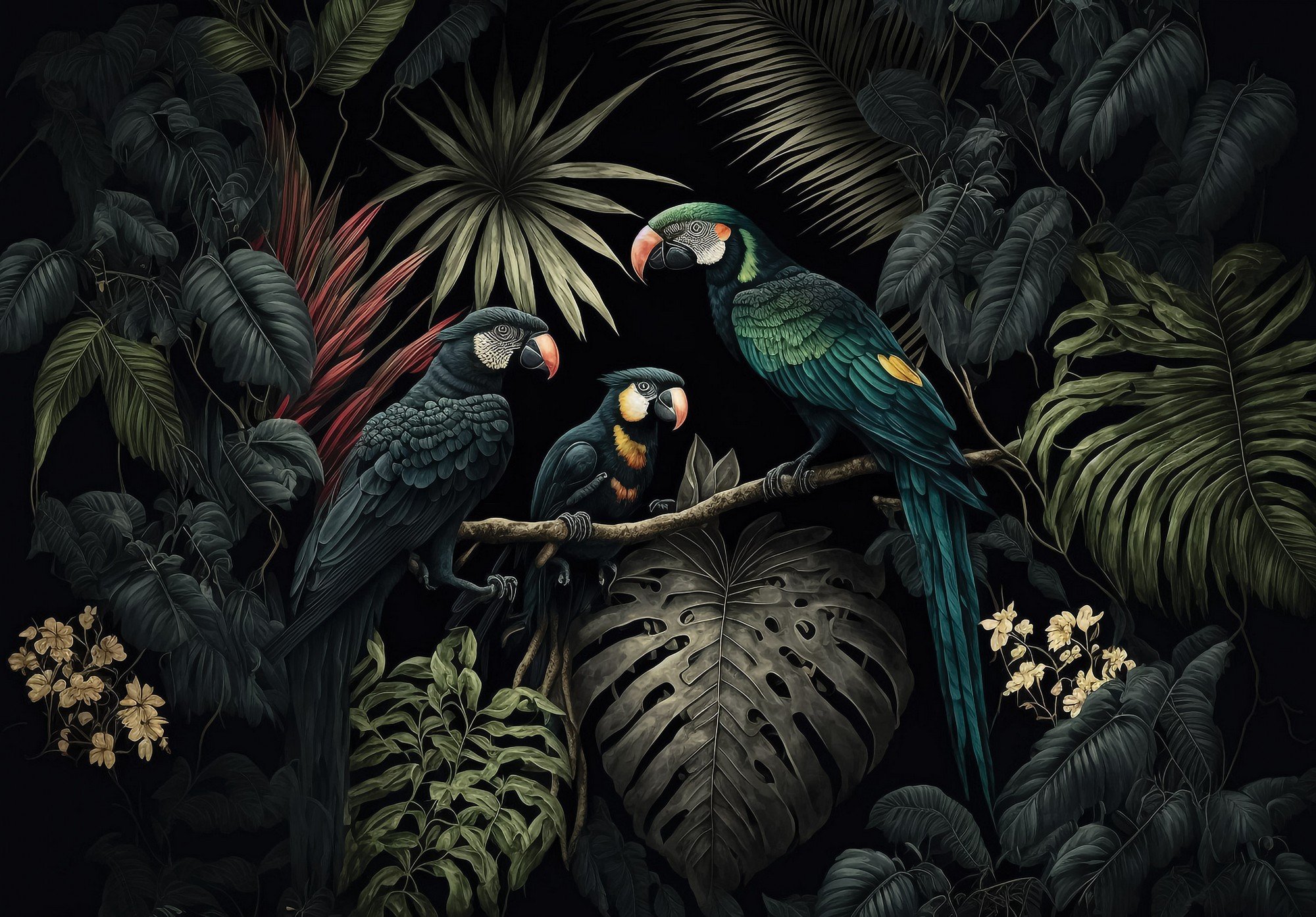 Vlies foto tapeta: Nature jungle parrots leaves - 104x70,5 cm