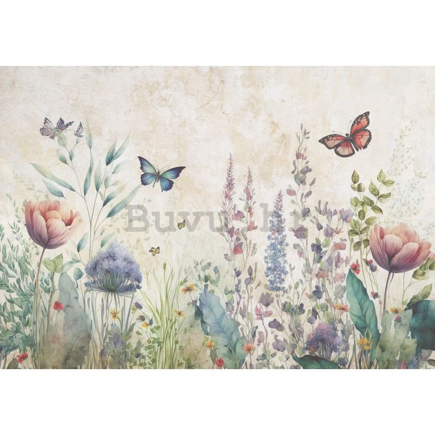 Vlies foto tapeta: Nature meadow flowers butterflies - 104x70,5 cm