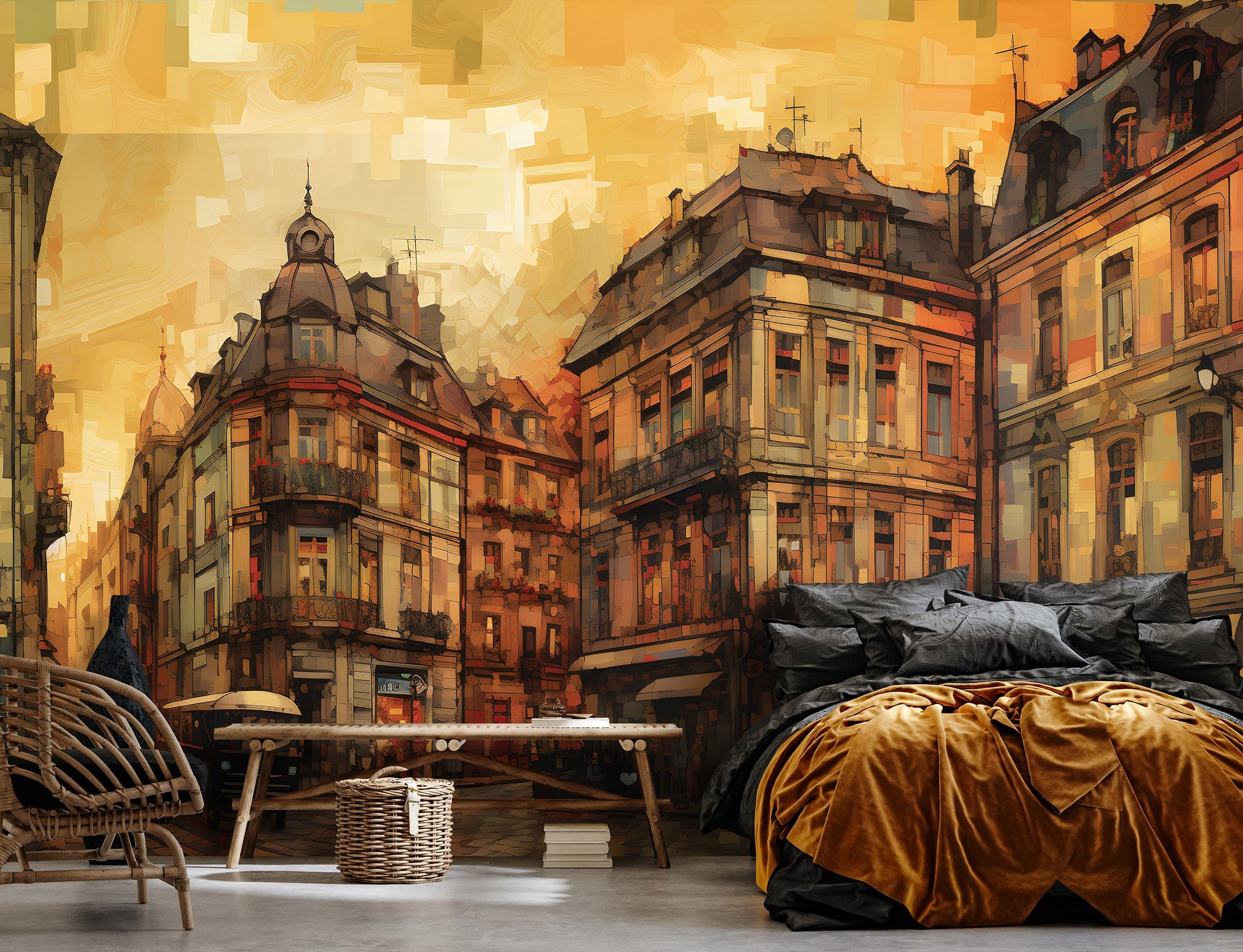 Vlies foto tapeta: City architecture oil-colours painting - 312x219cm