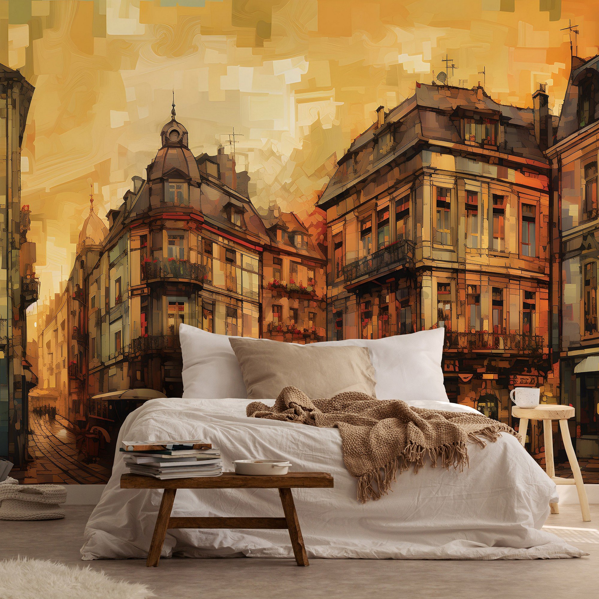Vlies foto tapeta: City architecture oil-colours painting - 312x219cm