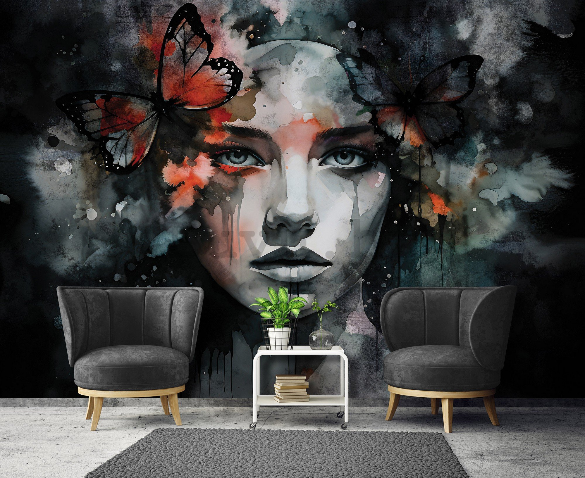 Vlies foto tapeta: Art watercolour woman butterfly - 312x219cm