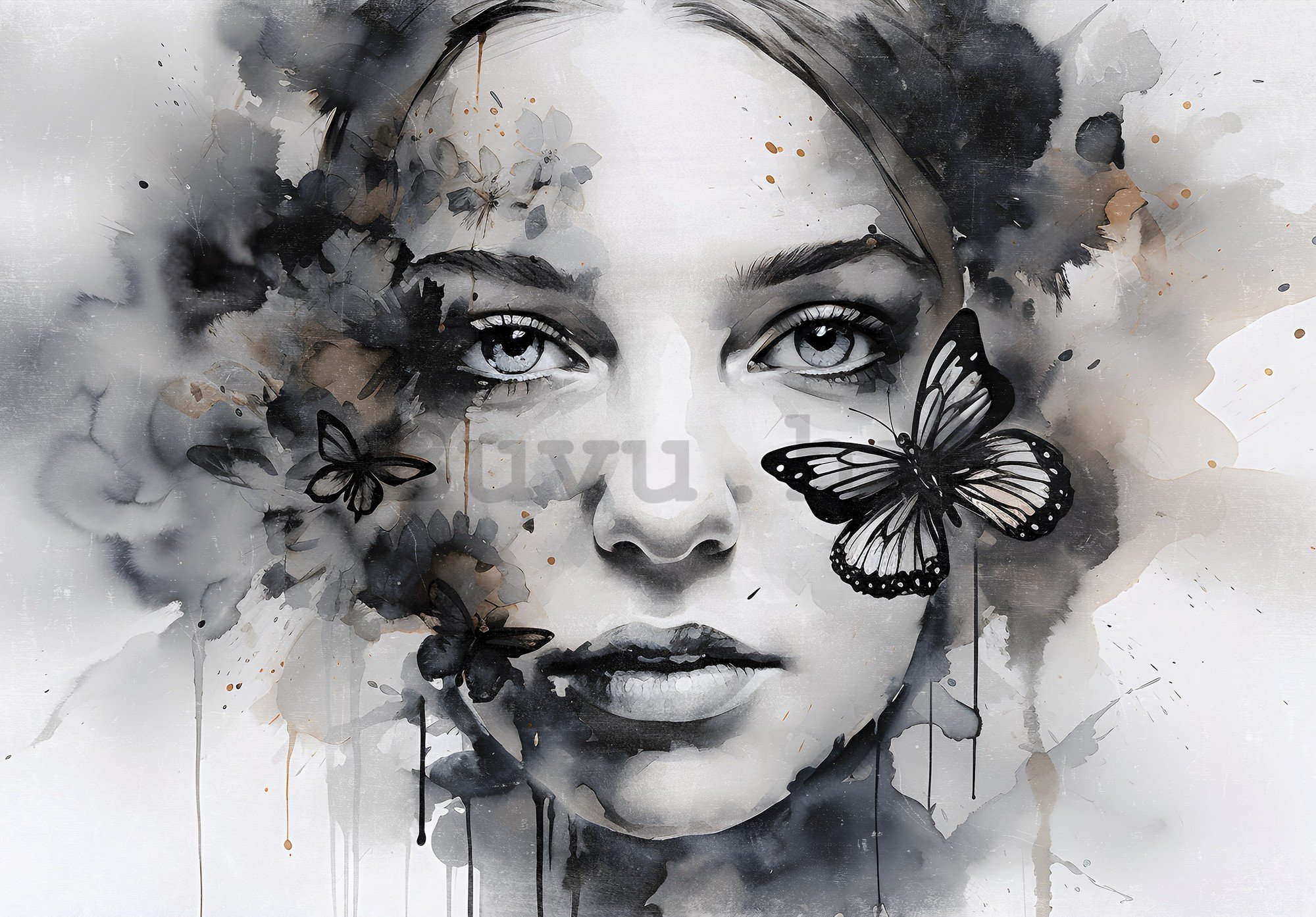 Vlies foto tapeta: Art watercolour woman butterfly (1) - 312x219cm