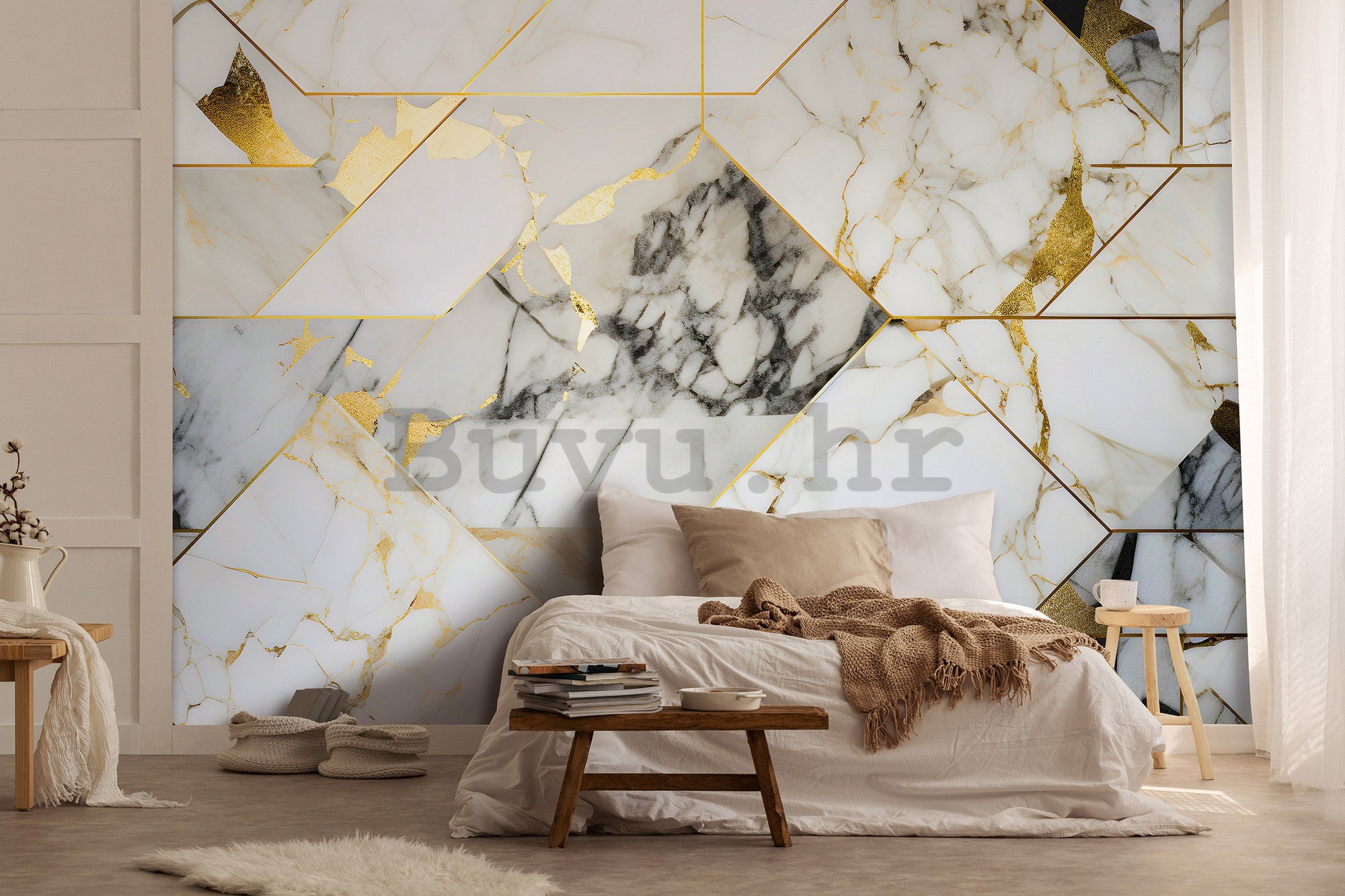 Vlies foto tapeta: Imitation marble gold geometry - 312x219cm