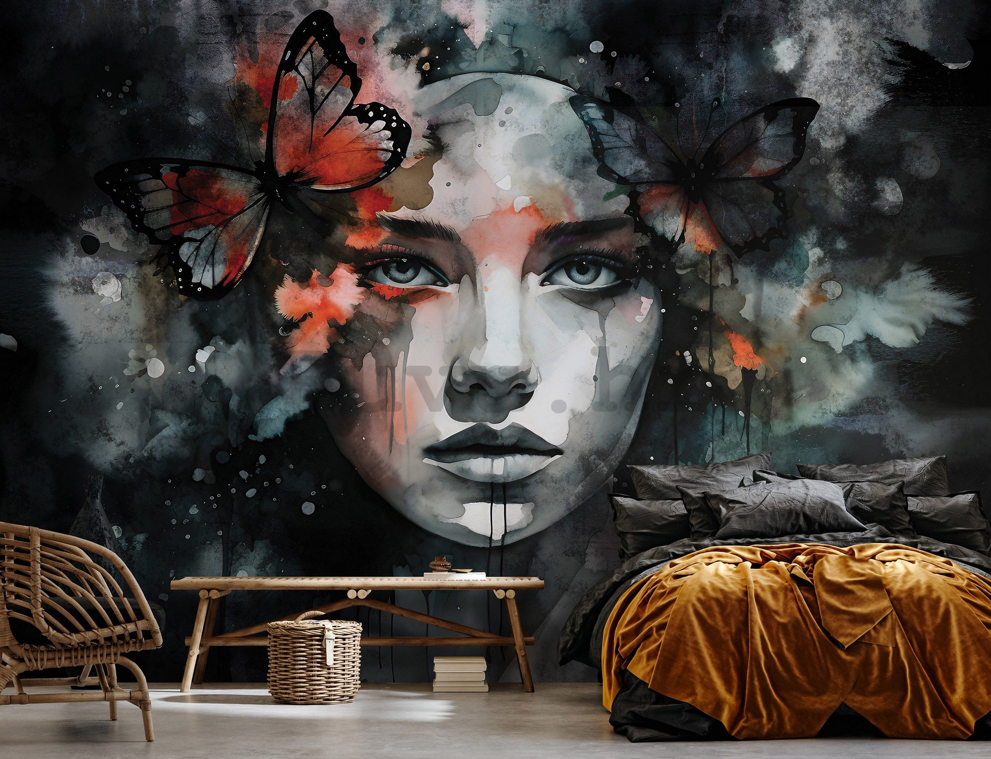 Vlies foto tapeta: Art watercolour woman butterfly - 416x254 cm