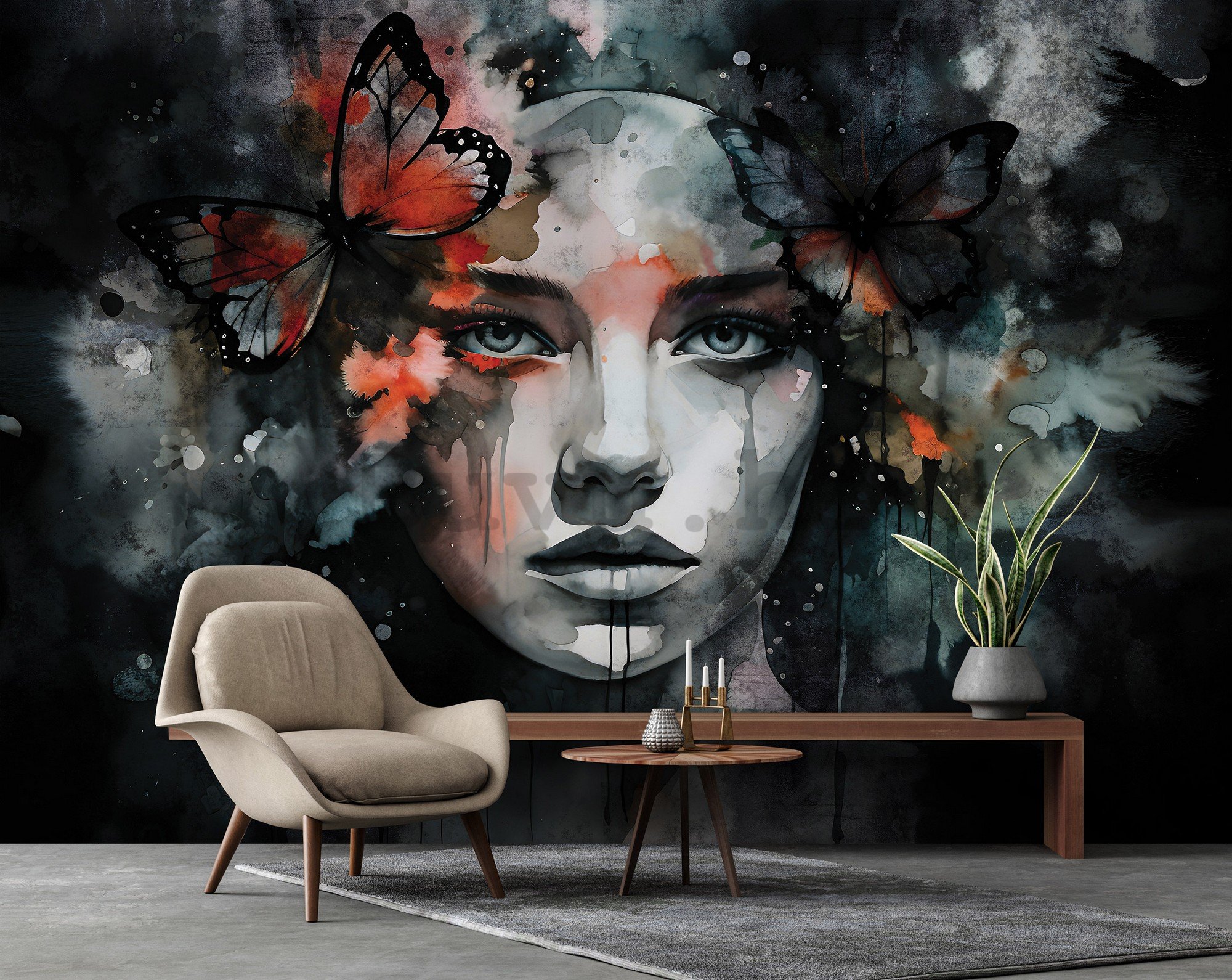 Vlies foto tapeta: Art watercolour woman butterfly - 416x254 cm