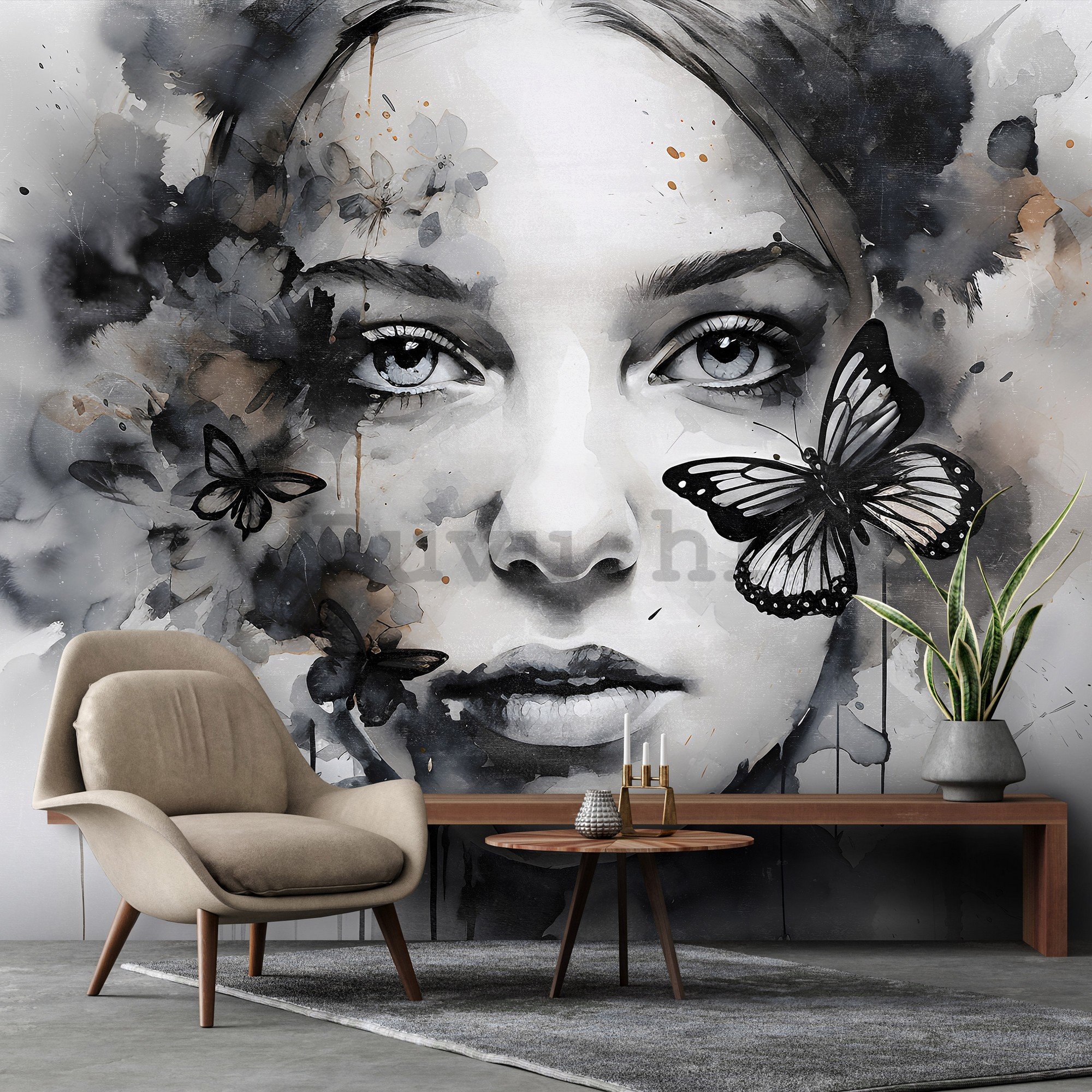 Vlies foto tapeta: Art watercolour woman butterfly (1) - 416x254 cm