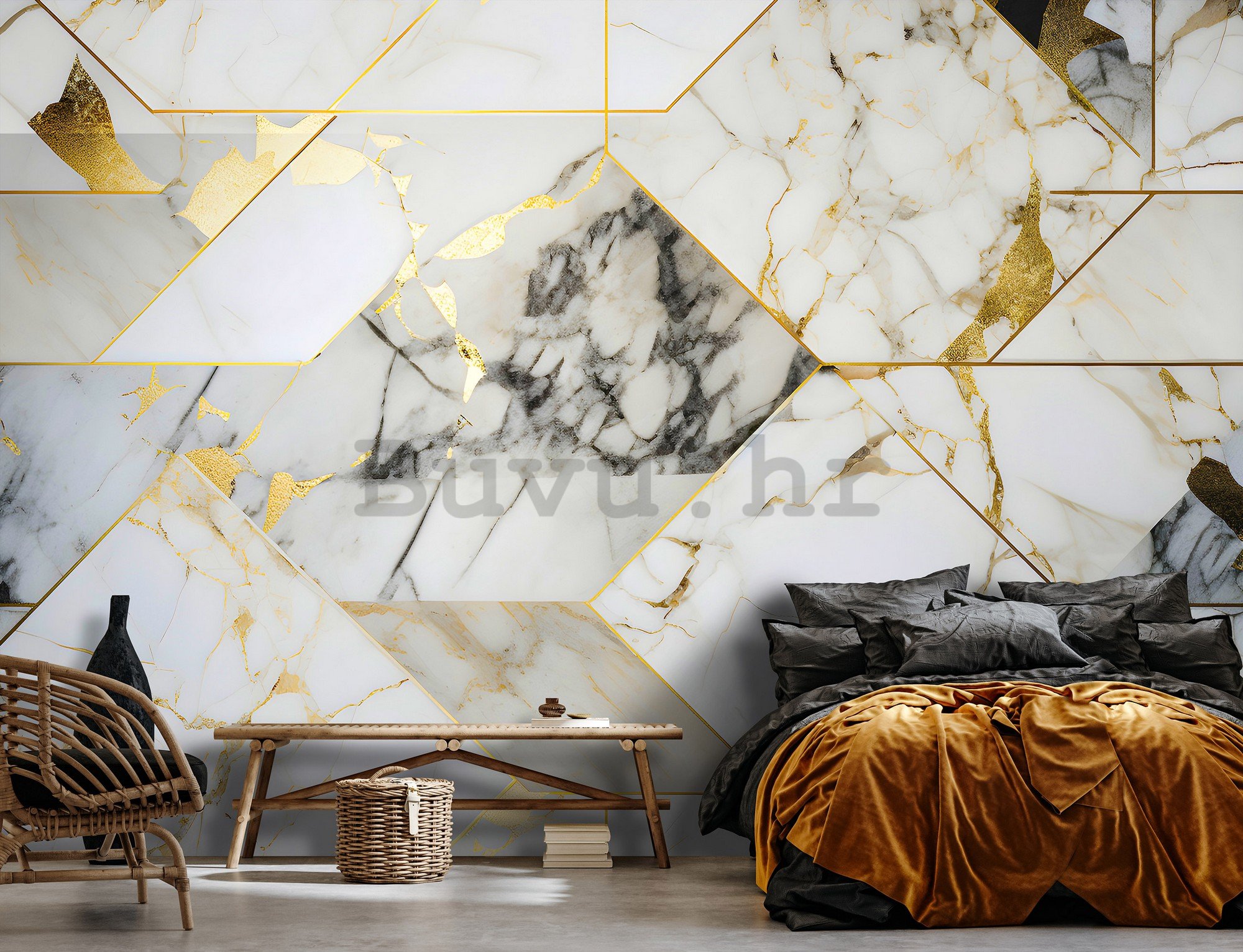 Vlies foto tapeta: Imitation marble gold geometry - 416x254 cm