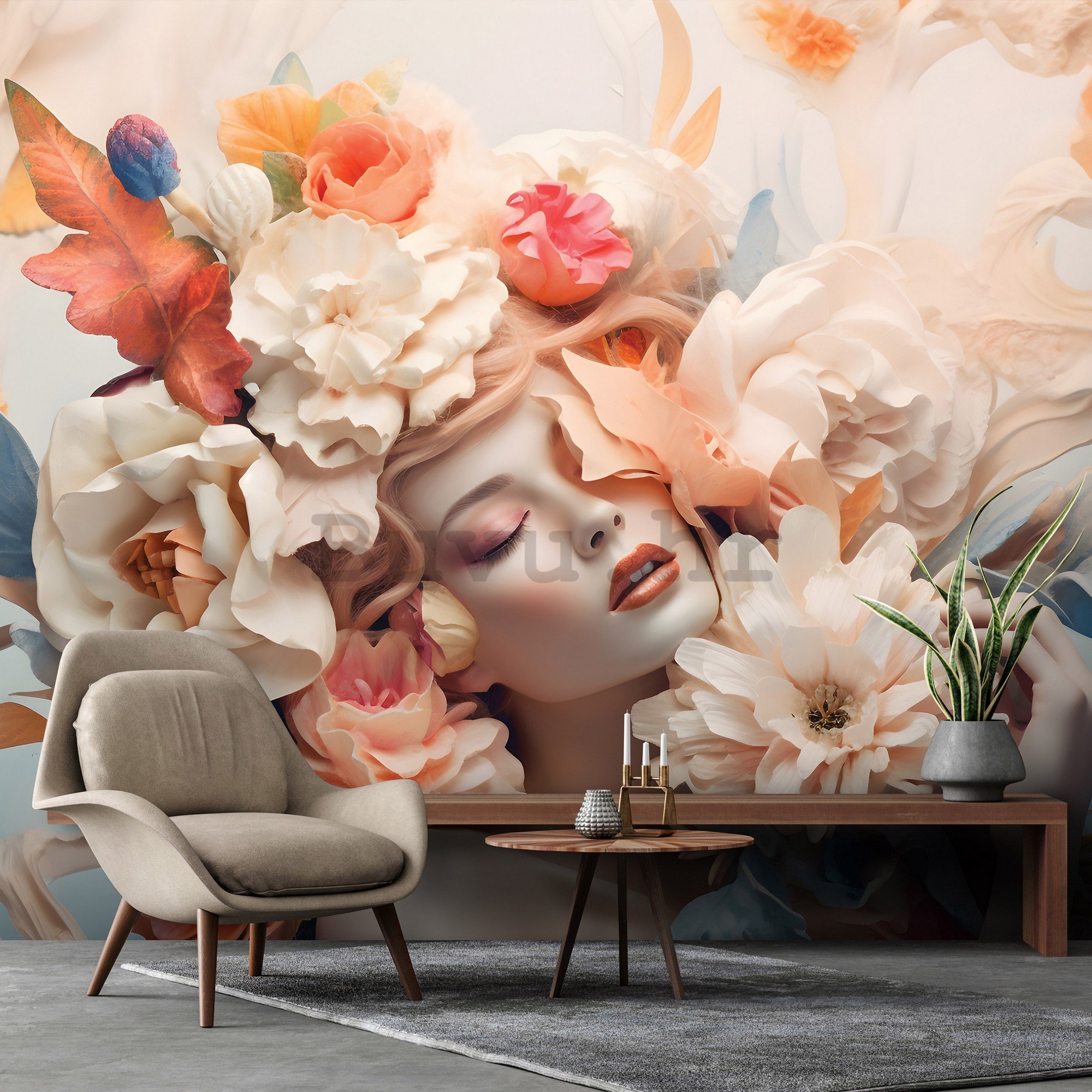 Vlies foto tapeta: Woman flowers pastel elegance - 416x254 cm