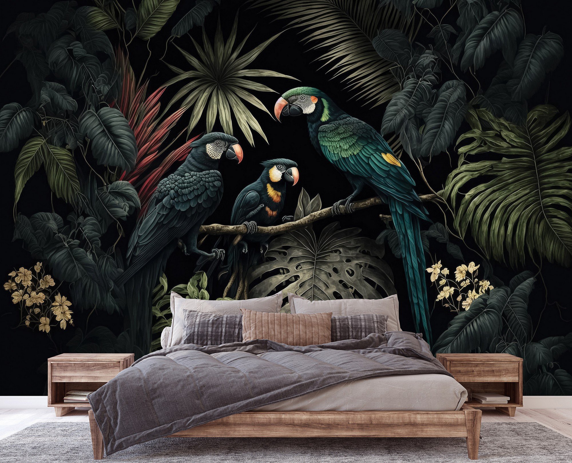 Vlies foto tapeta: Nature jungle parrots leaves - 416x254 cm