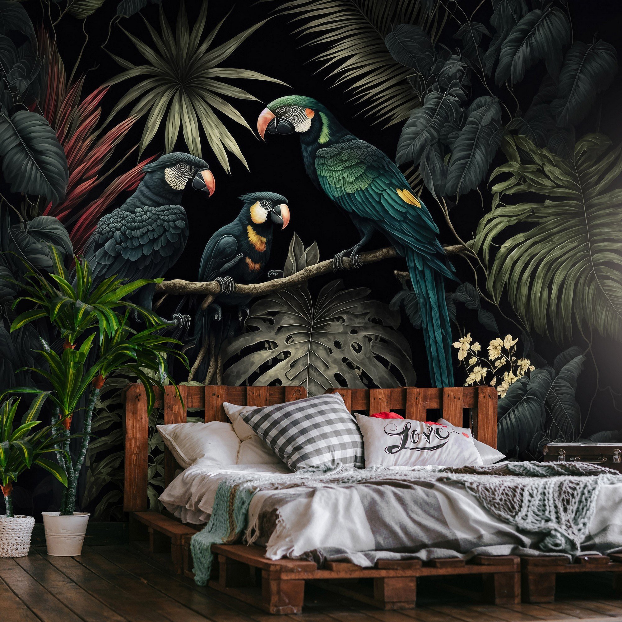 Vlies foto tapeta: Nature jungle parrots leaves - 416x254 cm