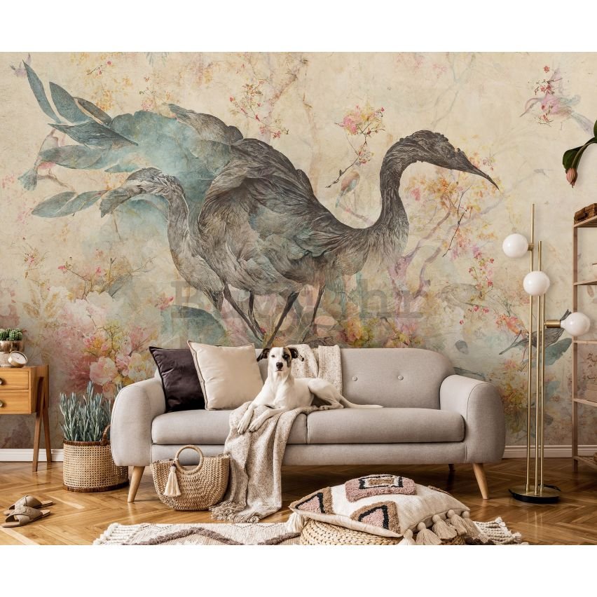 Vlies foto tapeta: Art abstraction bird flowers - 416x254 cm