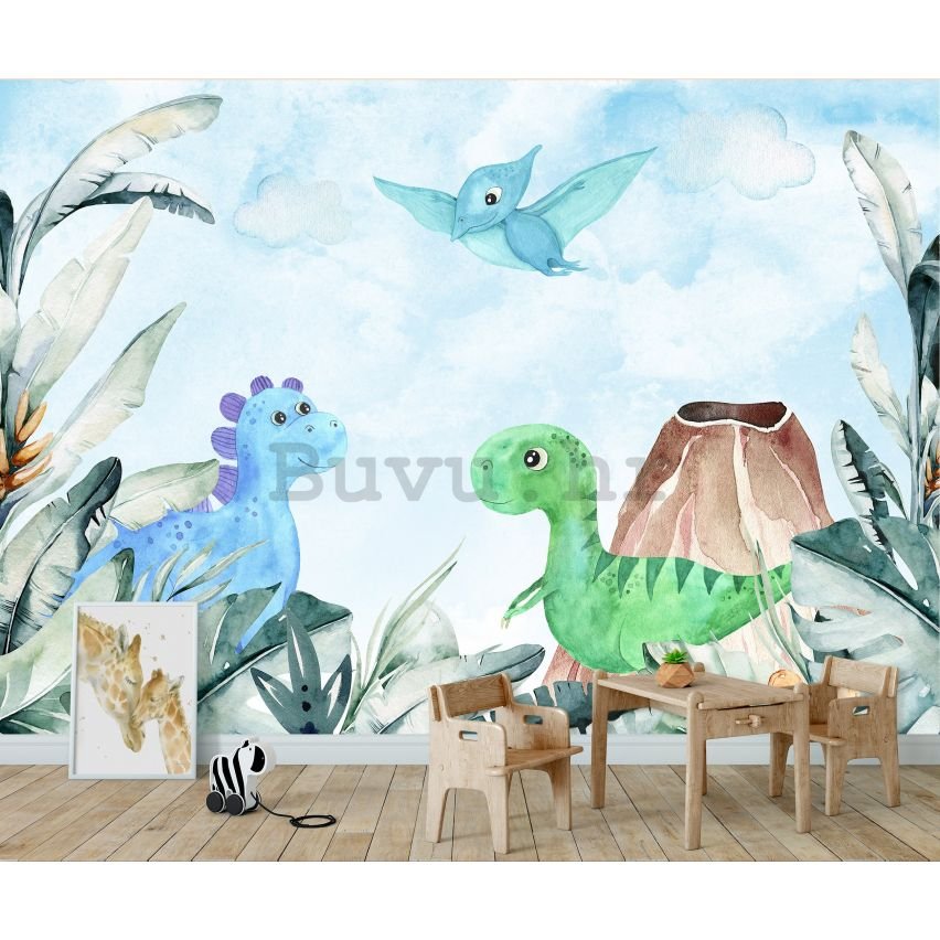 Vlies foto tapeta: For kids dinosaurs watercolour - 416x254 cm
