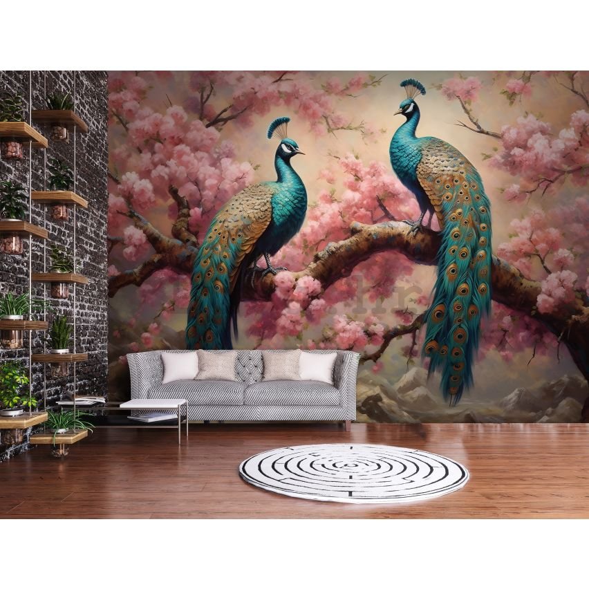 Vlies foto tapeta: Art Abstract Branches Flowers Birds Peacocks (1) - 416x254 cm