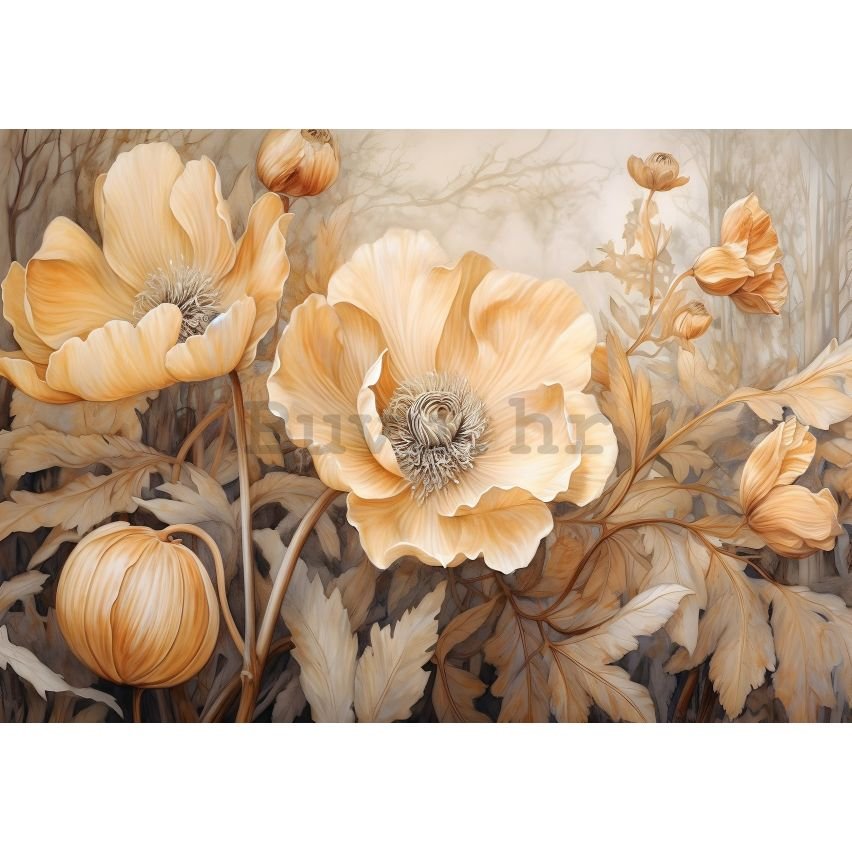 Vlies foto tapeta: Art Nature Beige Big Flowers - 416x254 cm