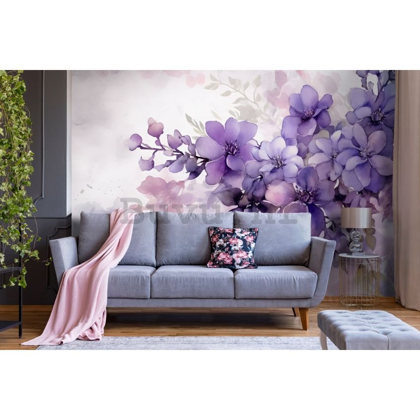 Vlies foto tapeta: Violet Romantic Painted Flowers - 416x254 cm