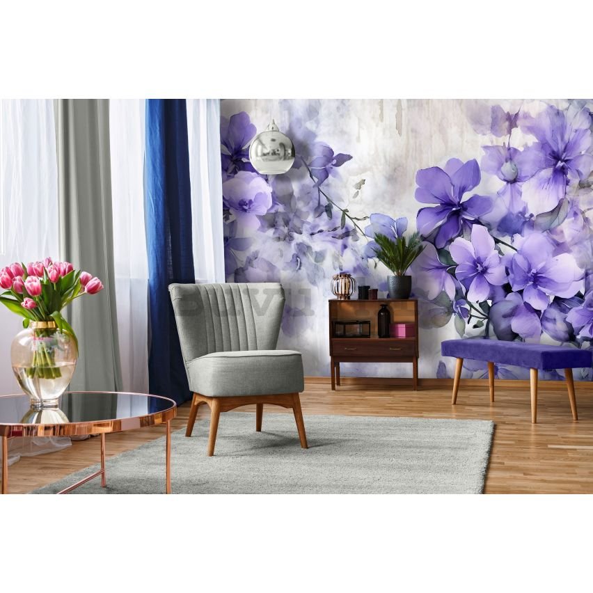 Vlies foto tapeta: Violet Romantic Painted Flowers (1) - 416x254 cm